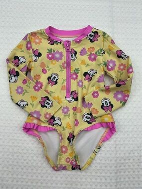 Disney Yellow & Pink Minnie Floral Long-Sleeve One-Piece Swimsuit